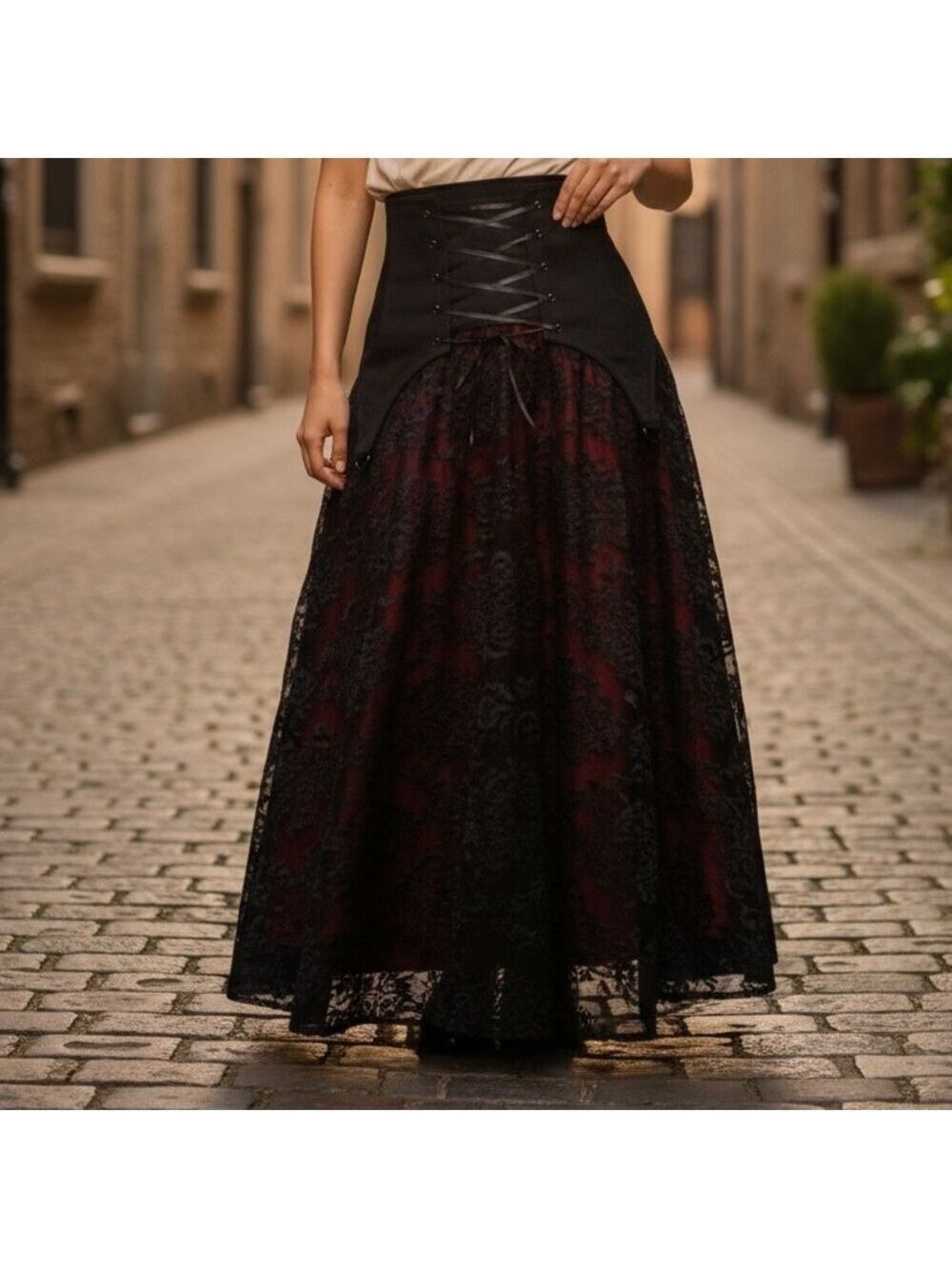 DARK STAR BLACK/ RED LACE CORSET RIBBON GOTHIC SKIRT SIZE M (up to 2X)